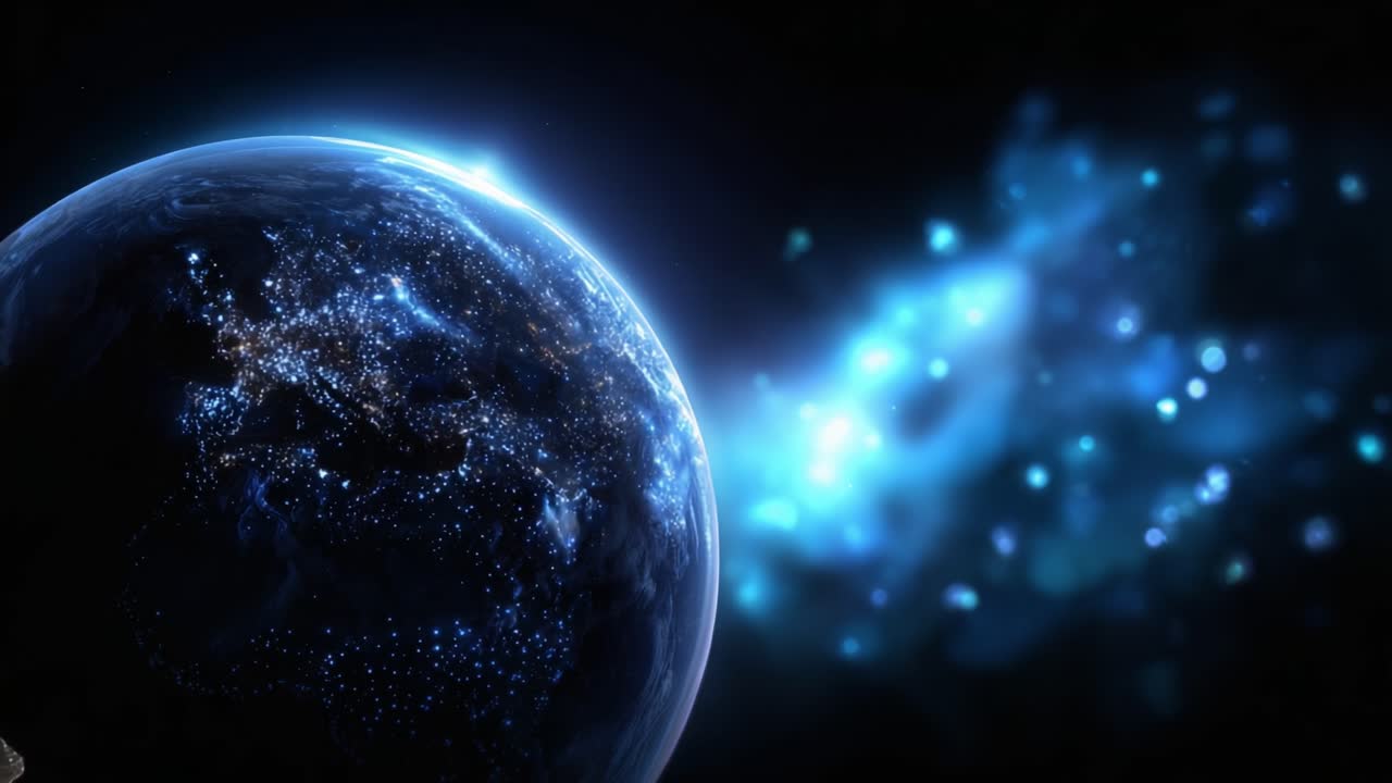 Una vista mozzafiato della Terra illuminata dalle luci notturne nello spazio, con elementi cosmici e particelle luminose che enfatizzano la bellezza dell'esistenza del nostro pianeta