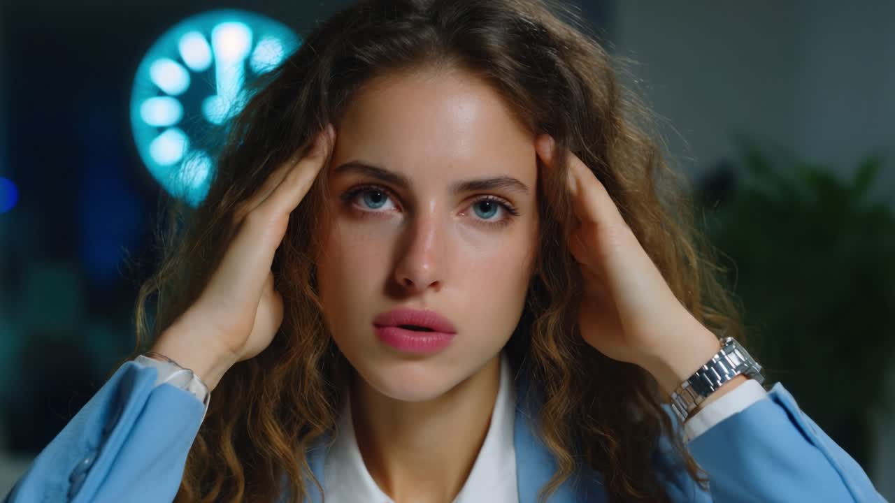 Giovane donna in un momento di stress, che mostra ansia e pressione, si tiene la testa con entrambe le mani, immortalata in un'espressione intensa e concentrata su uno sfondo contemporaneo