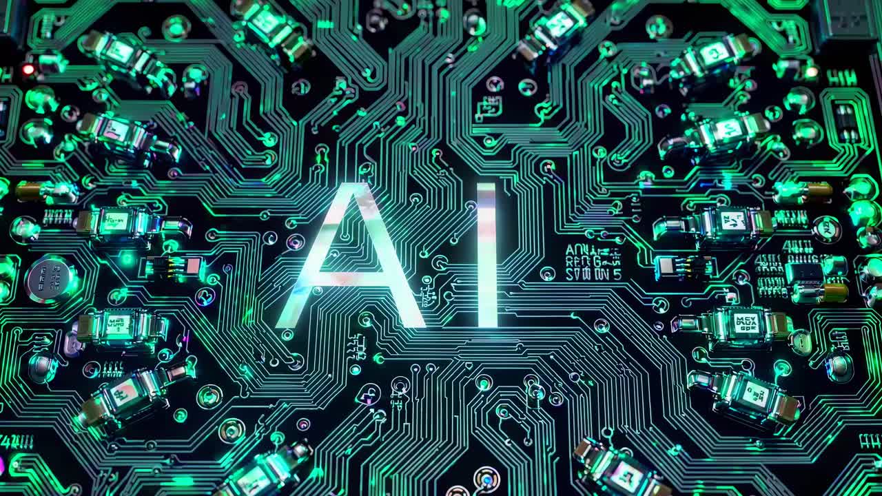 Top-down view of a glowing AI circuit board, showcasing intricate technology patterns