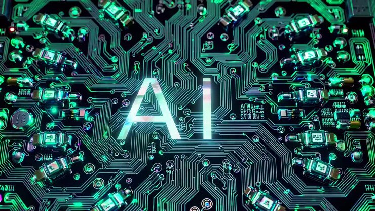 Top-down view of a glowing AI circuit board, showcasing intricate technology patterns