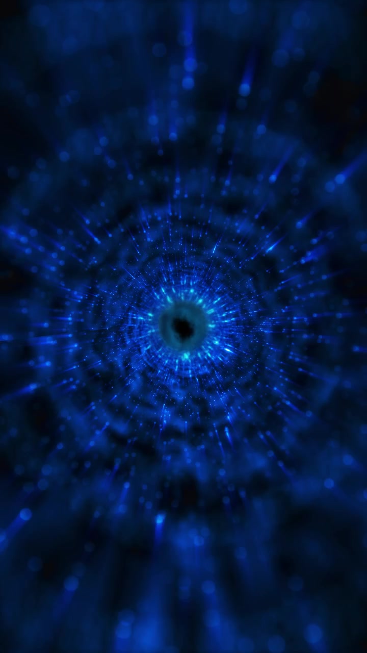 Sfondo a vortice di particelle radiale blu con raggi di energia luminosi, nucleo centrale scuro e tunnel profondo