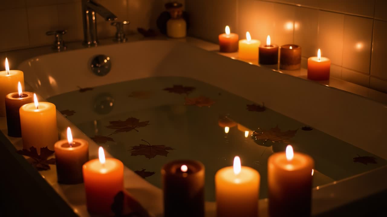A Tranquil and Inviting Bathtub Scene Illuminated by Flickering Candles, Surrounded by Autumn Leaves, Perfect for a Relaxing and Soothing Self-Care Experience