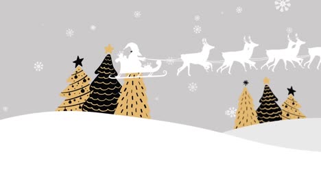 Animation-of-christmas-trees-and-santa-in-sleigh-with-reindeer-on-white-background
