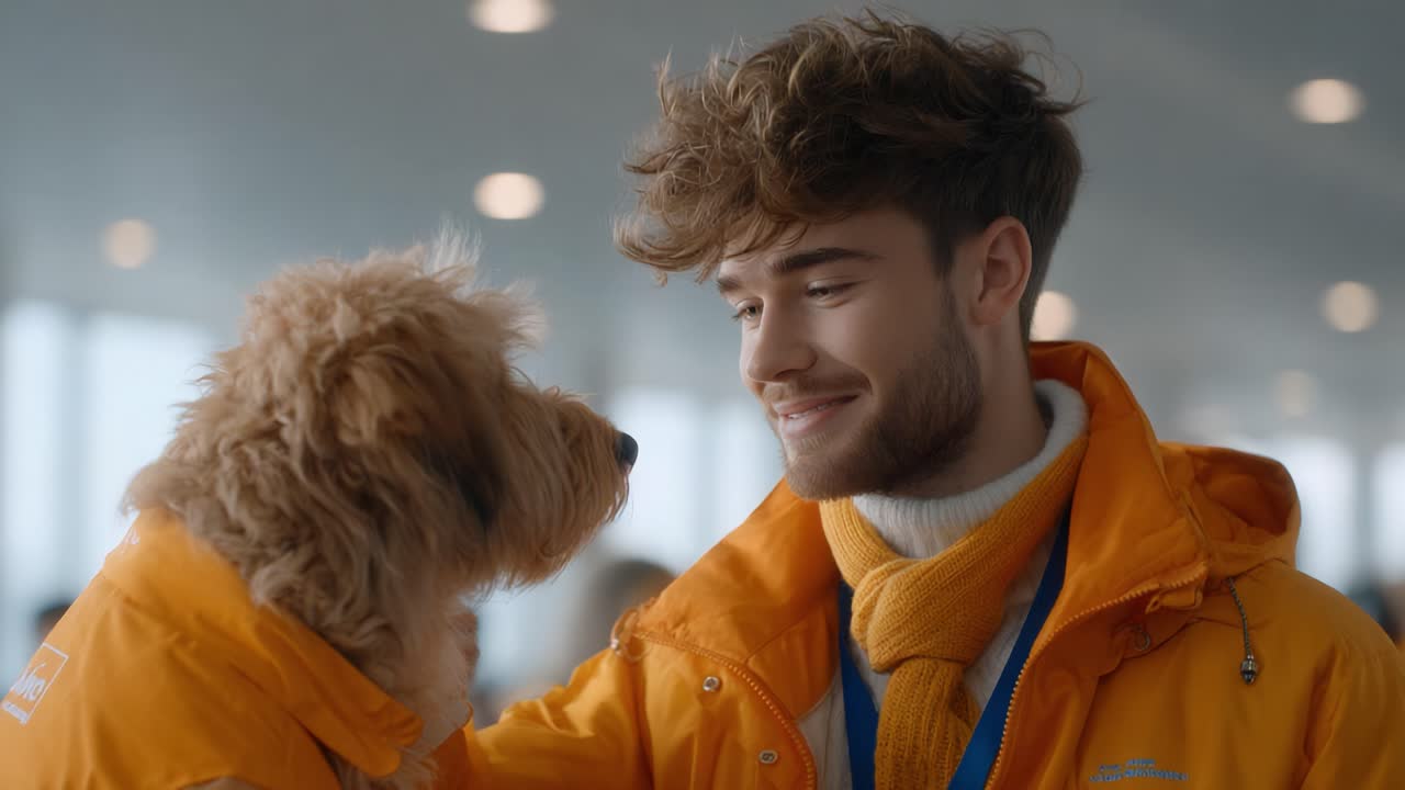 A Joyful Moment Between a Young Man and His Dog, Both Wearing Bright Orange Jackets, Highlighting the Strong Bond They Share in a Warm and Friendly Setting