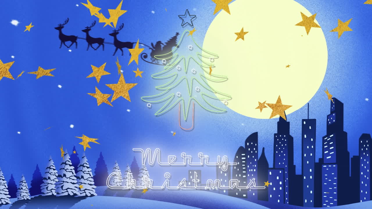 크리스마스 축하 문자의 애니메이션,  ⁇ 매에 산타클로스와 겨울 풍경에 내리는 눈