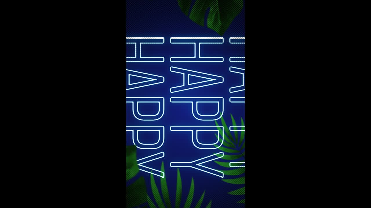 animación de texto de neón de feliz año nuevo sobre hojas