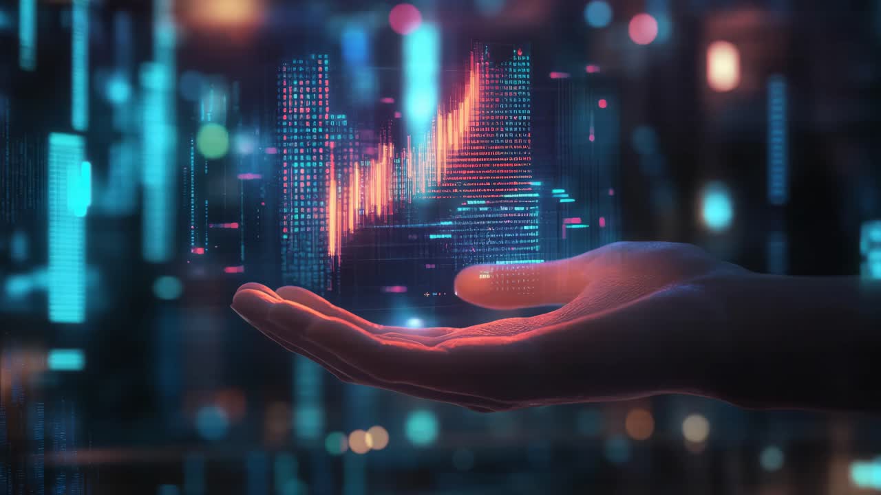 Hand Holding Holographic Graph in Digital Cityscape