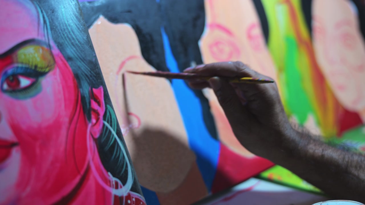 A close-up tracks a row of cinema-inspired rickshaw metal boards as a Bangladeshi artisan hand-brushes character details, preserving a vanishing vintage pop culture transport art in Dhaka.