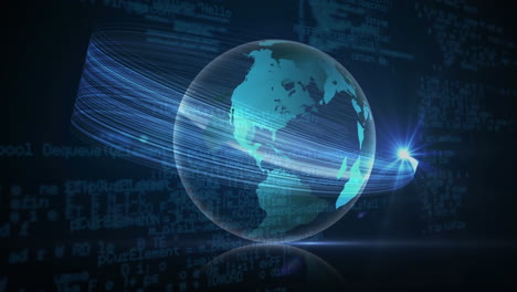 spinning digital globe against binary codes and light effects