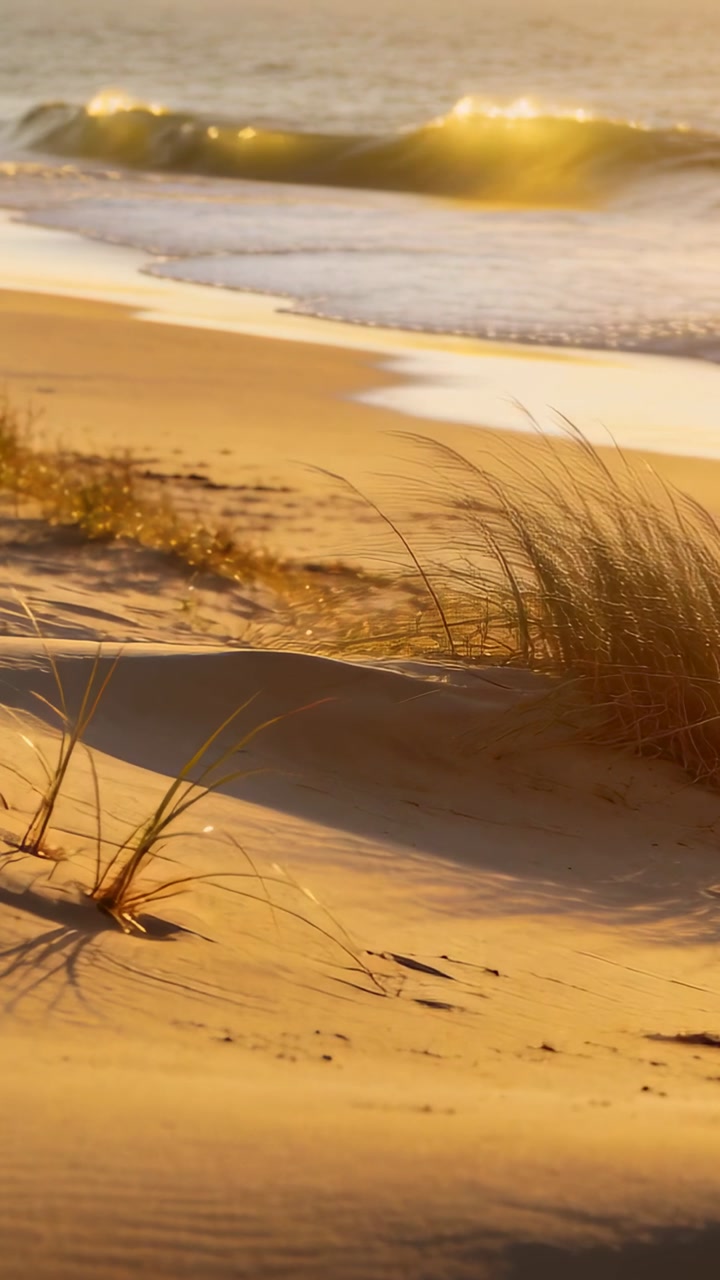 Ocean Waves Breaking on a Sandy Beach at Golden Hour