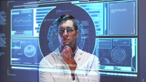 animación de un científico masculino detrás de una pantalla digital con células de covid-19 y datos médicos