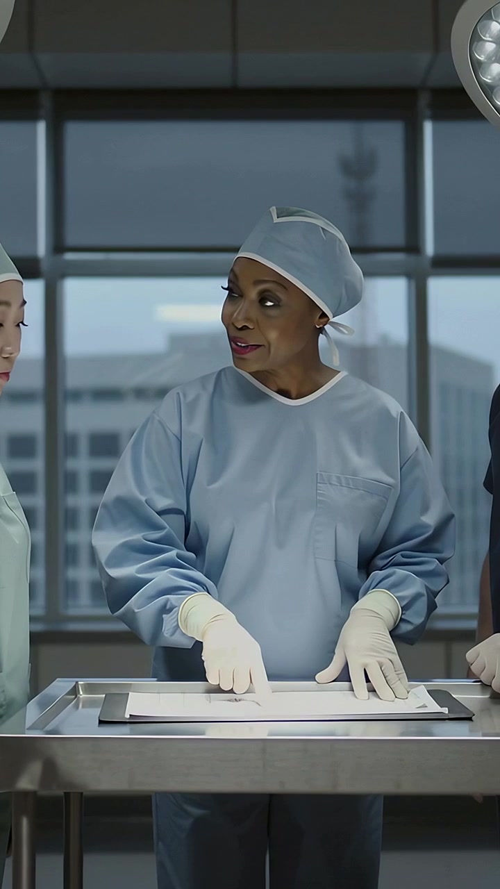 Vertical video: Pointing surgeon in gown touching lit sheet on tray under lamps in OR