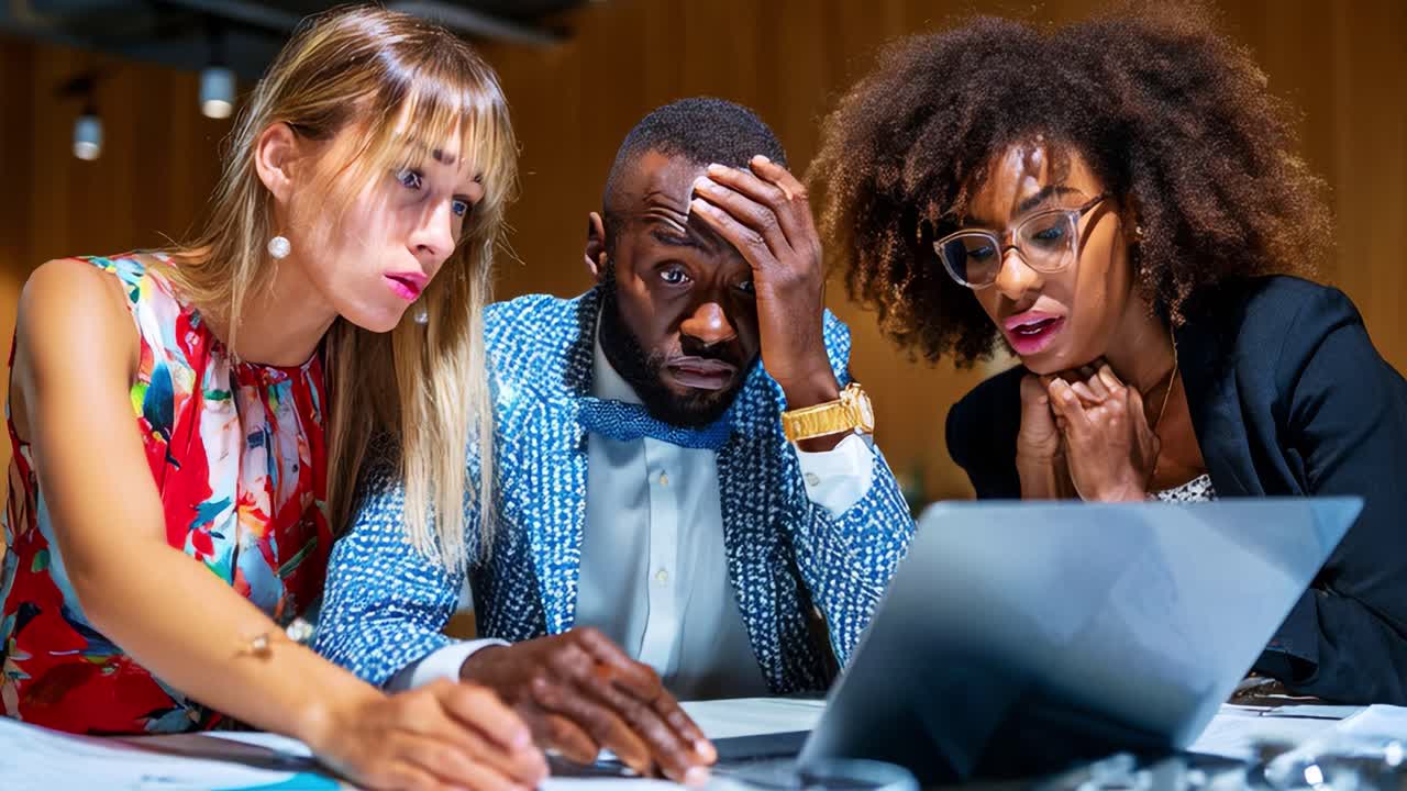 Three colleagues focused on a laptop, expressing concern and intrigue as they analyze a project or problem during a meeting in a modern office environment