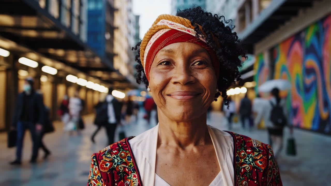 Smiling Senior Woman in City Street