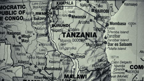 close-up of a map of east african countries