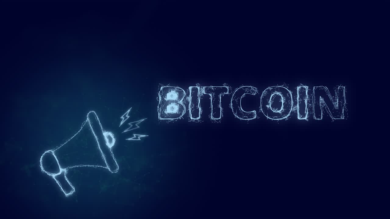 megafono banner con texto bitcoin. estilo plexus de puntos y líneas brillantes azules