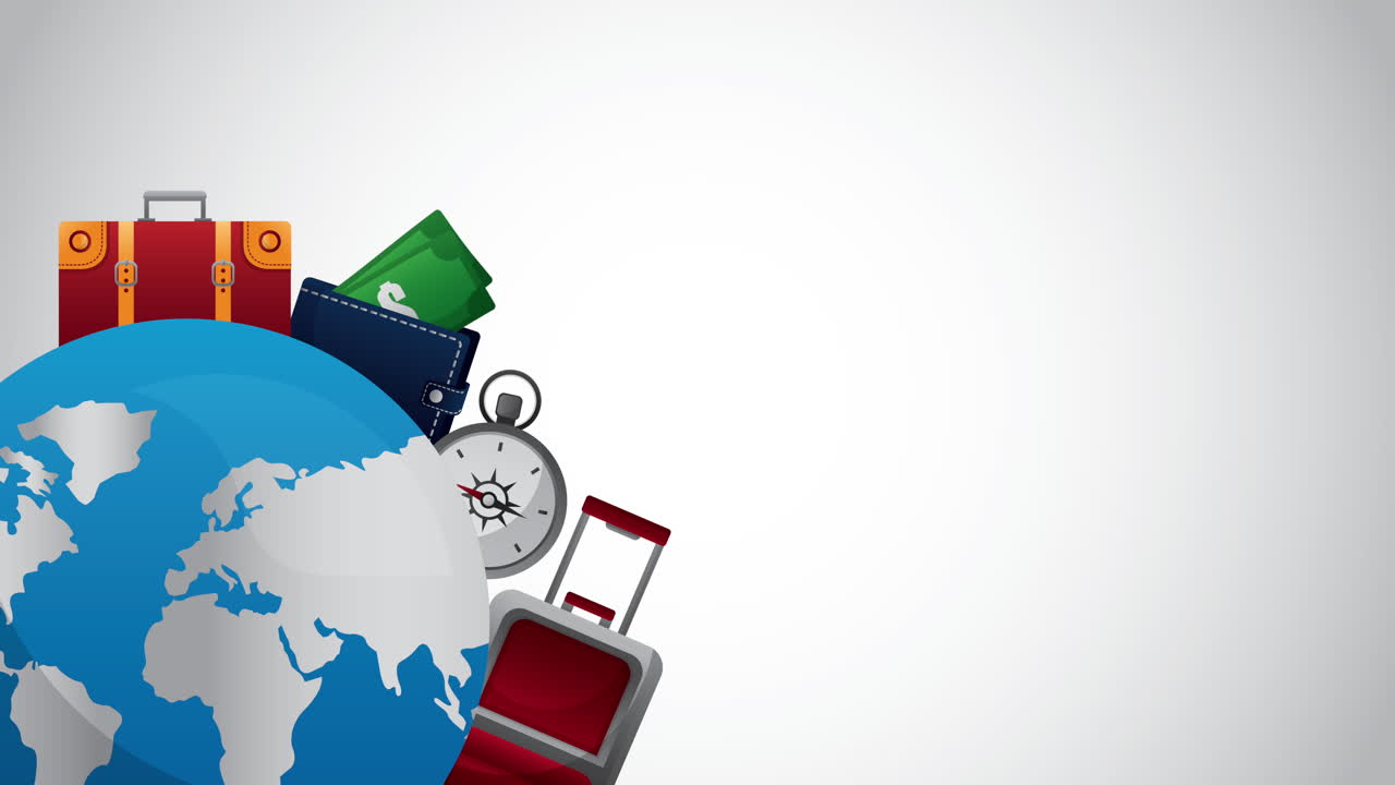 viaje alrededor del mundo animación con el planeta tierra y los artículos