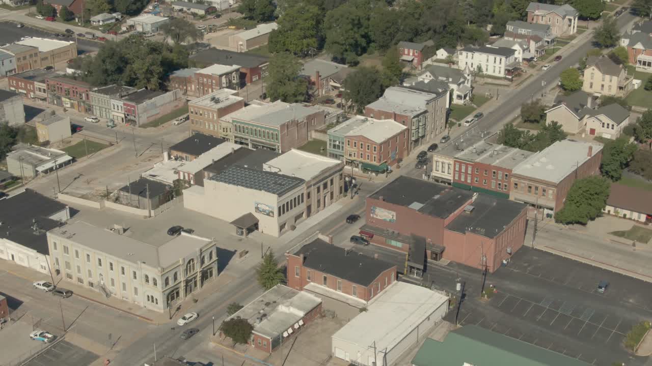 Fly over of main street in small town Louisiana. 4K footage