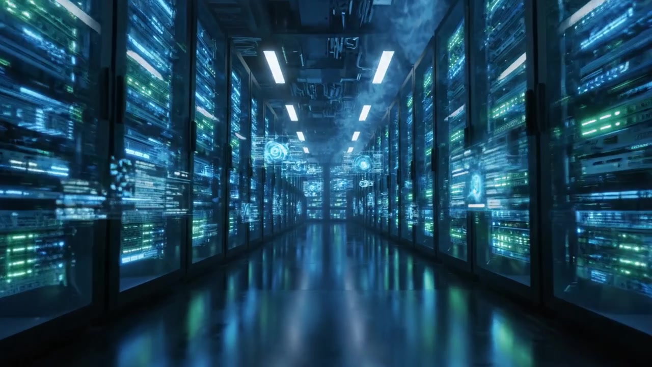 A Vast Array of Illuminated Server Racks in a High-Tech Data Center, Showcasing Advanced Networking Technology and Data Processing in a Futuristic Environment