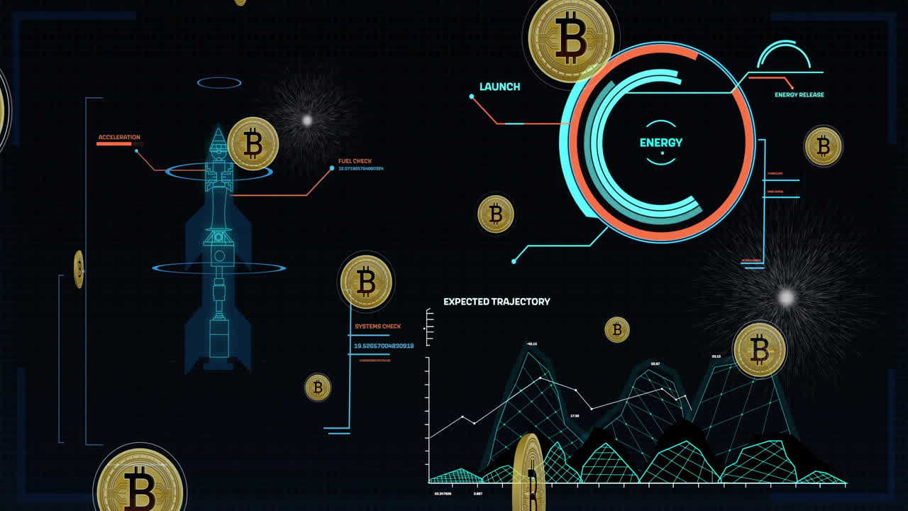 Rocket launch animation with Bitcoin symbols and energy data visualization