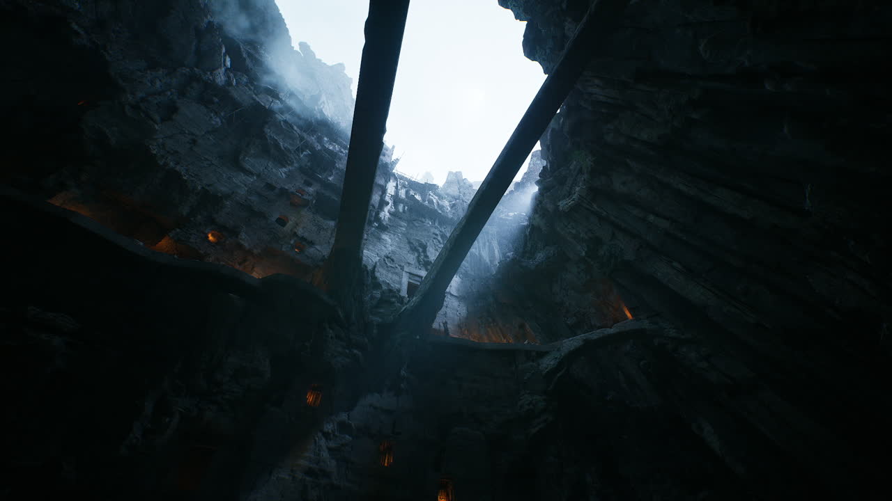 Dramatic view of a dark cavern illuminated by shafts of light