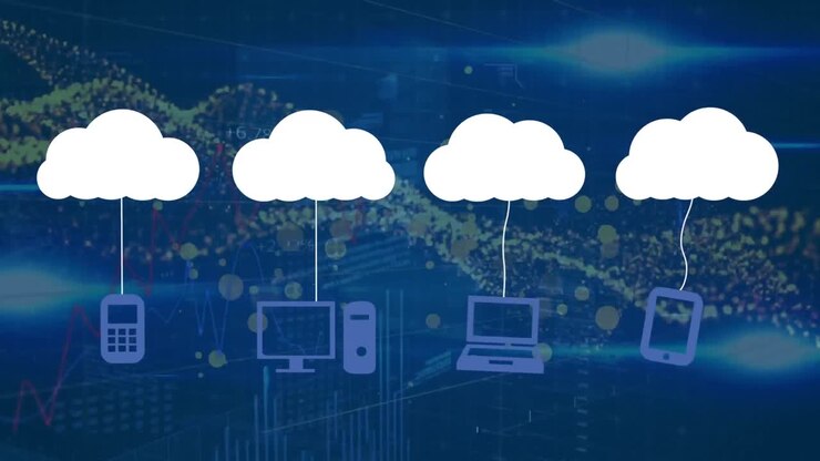 Animation of clouds with icons over data processing