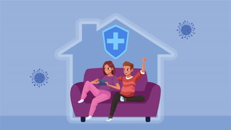 una pareja de jóvenes amantes en la sala de estar se quedan en casa campaña