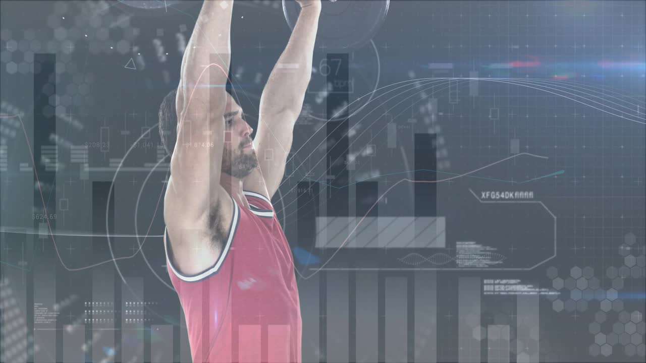 Man in red top tightening grip, pressing barbell overhead while HUD gauges updating fitness metrics