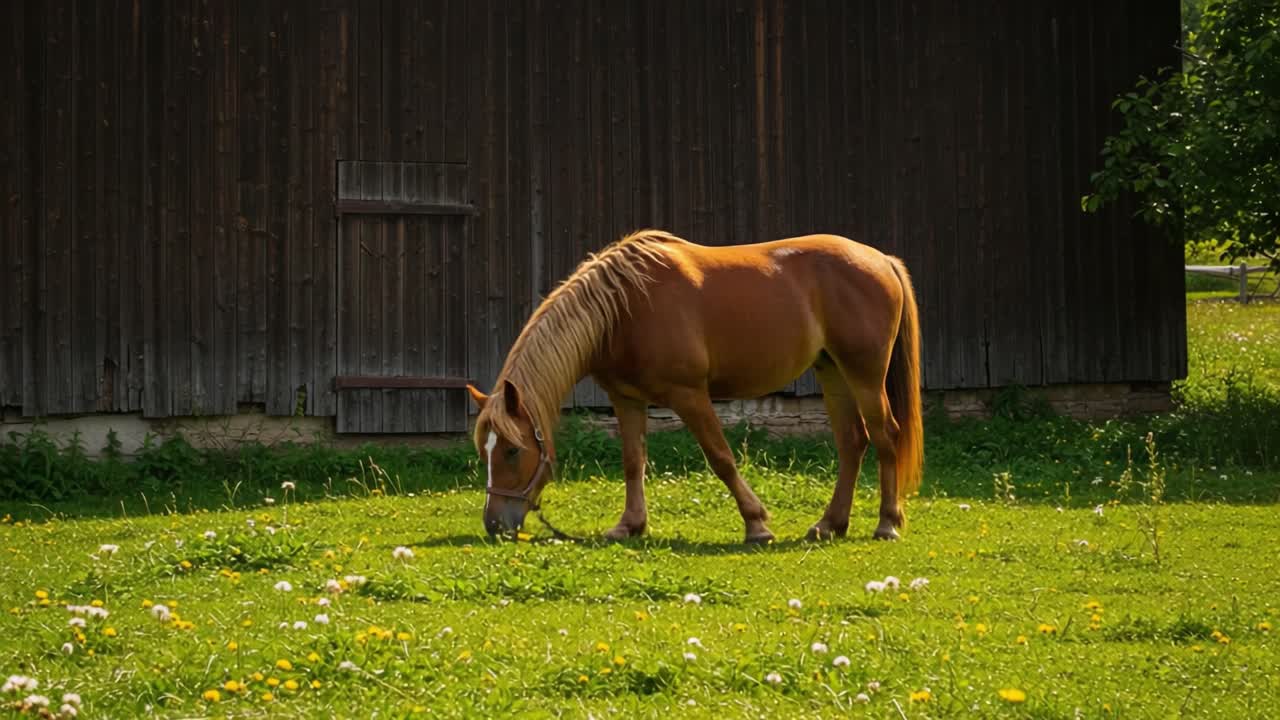 En majestætisk hest, der græsser fredeligt på en frodig grøn mark ved siden af en gammel lade, fanger essensen af ro og naturens skønhed.