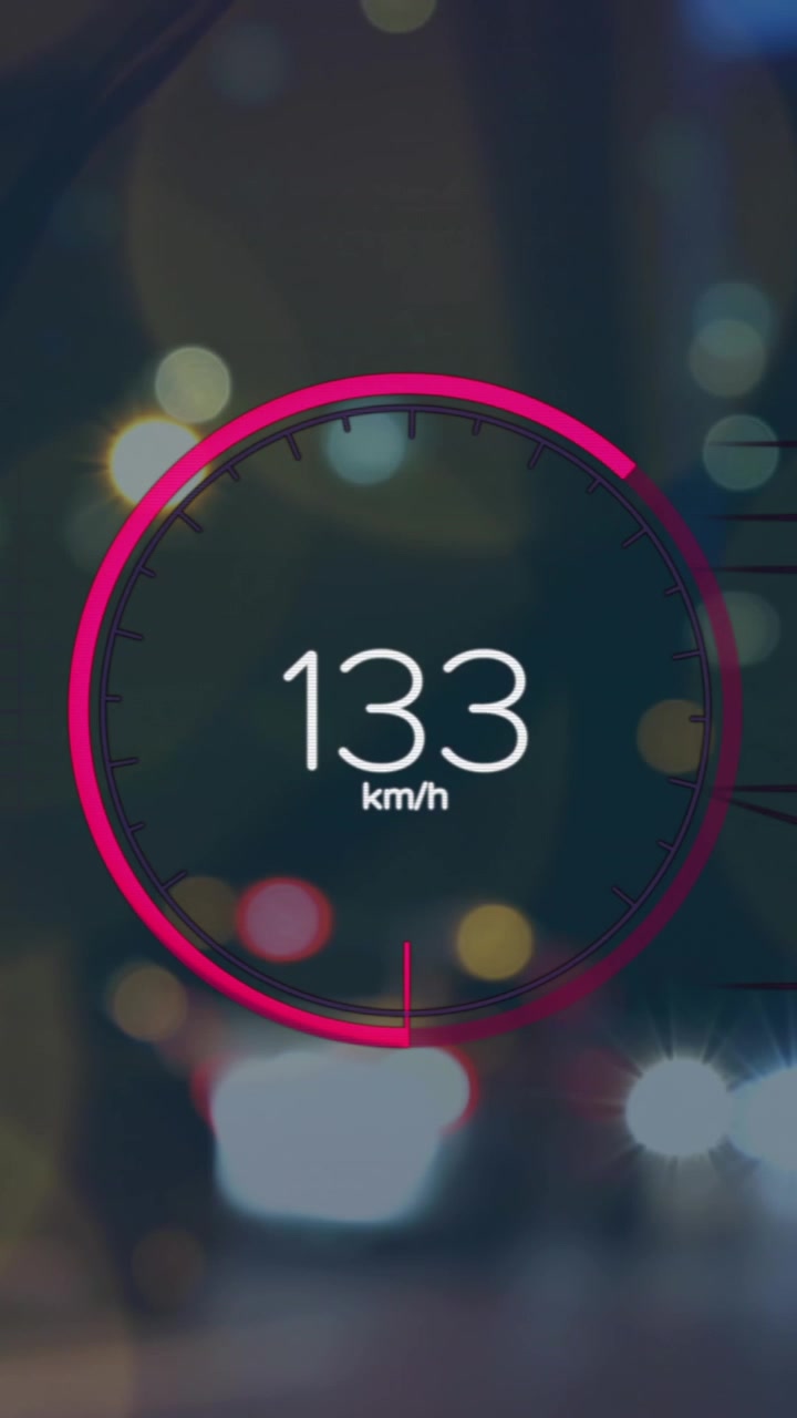 Animation of eco car digital interface over city lights