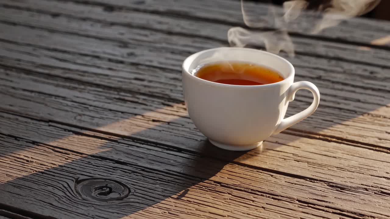 A steaming cup of tea on a rustic wooden table, captured from a side angle