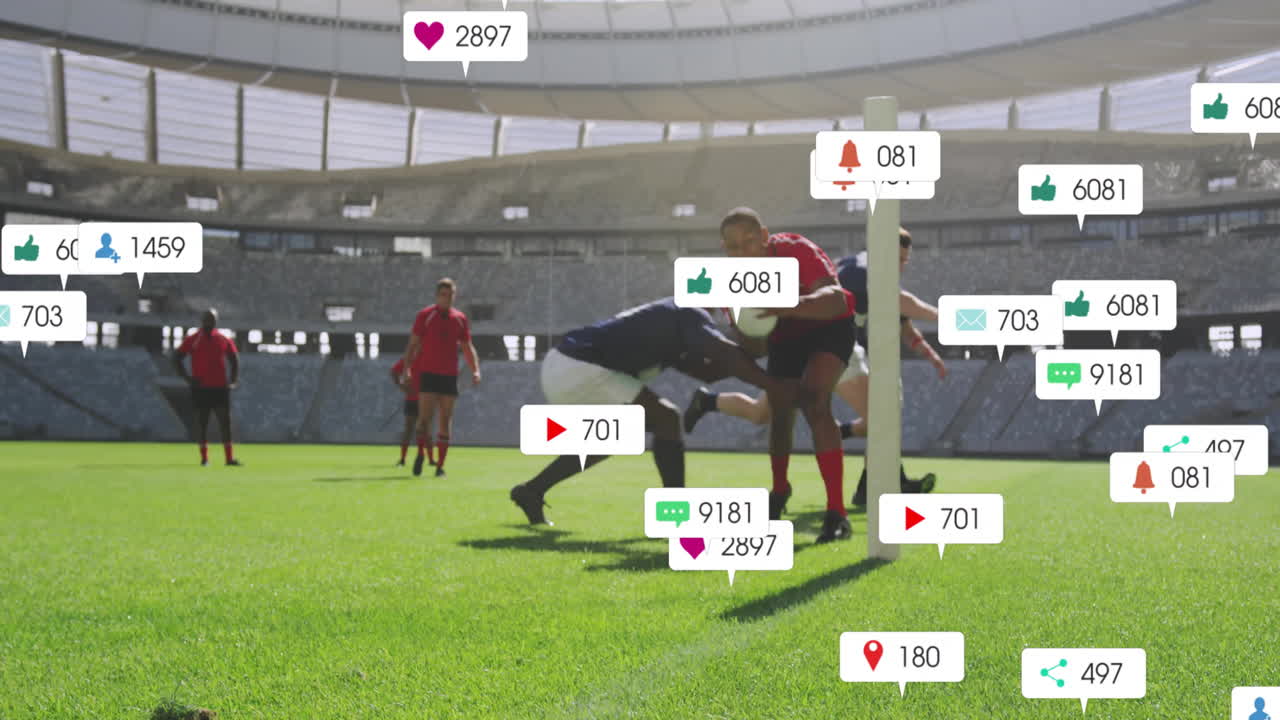 Tackling on field, rugby players with animation of social media icons overlaying