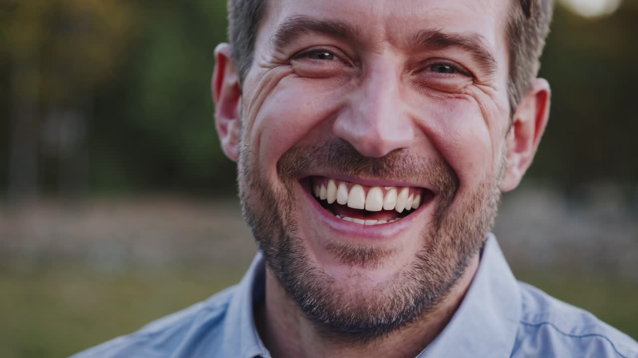 Close-up video frame of a smiling man outdoors, captured at eye level
