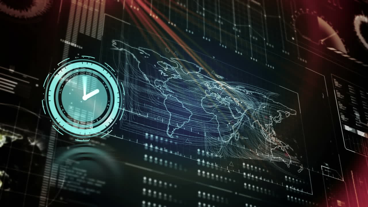 화면에 세계 지도와 함께 빠르게 움직이는 시계와 데이터 처리의 애니메이션