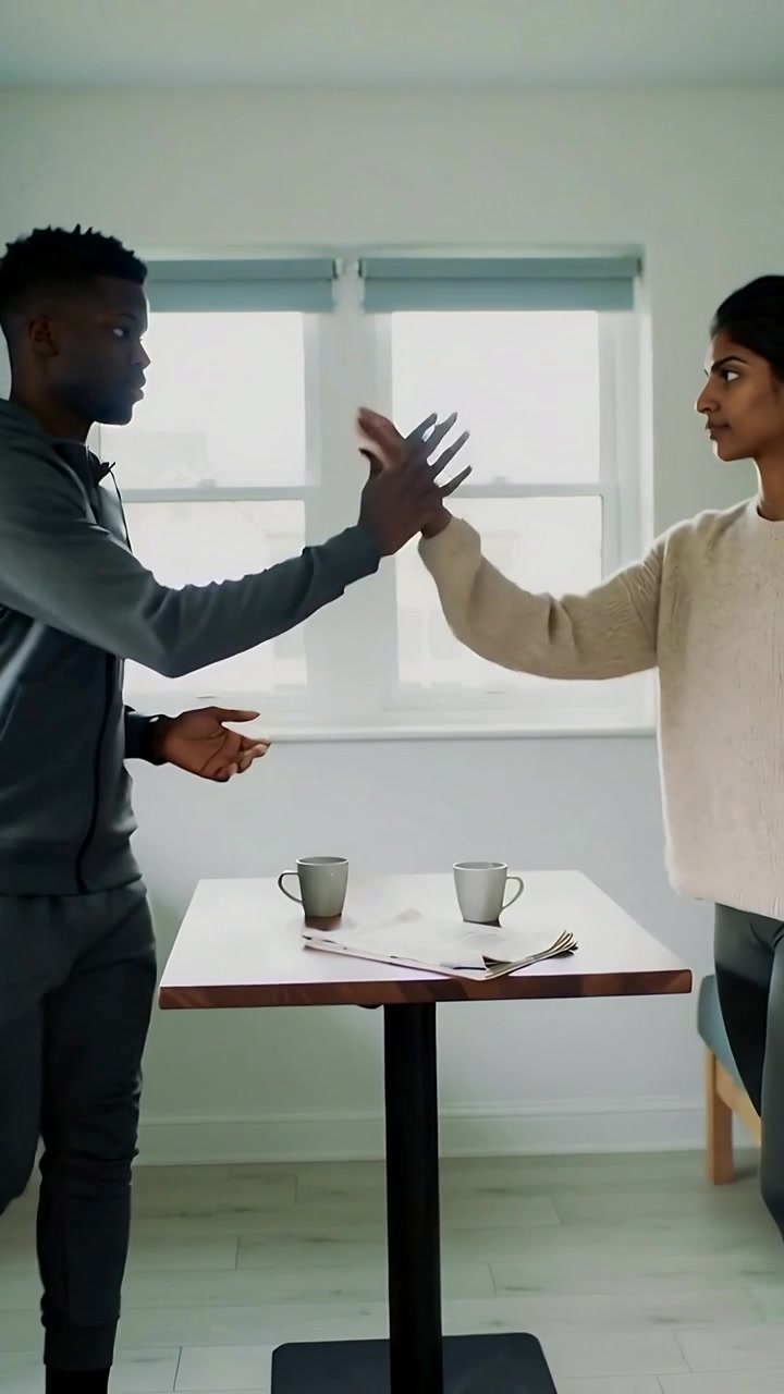 Video verticale: Coppia che si dà il cinque a casa, salutandosi indossando un maglione e una felpa con cappuccio.