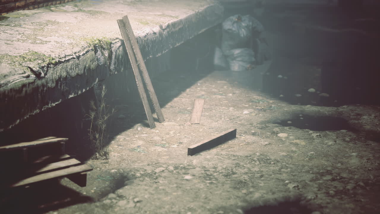 Mysterious wooden debris rests on a weathered shoreline at twilight