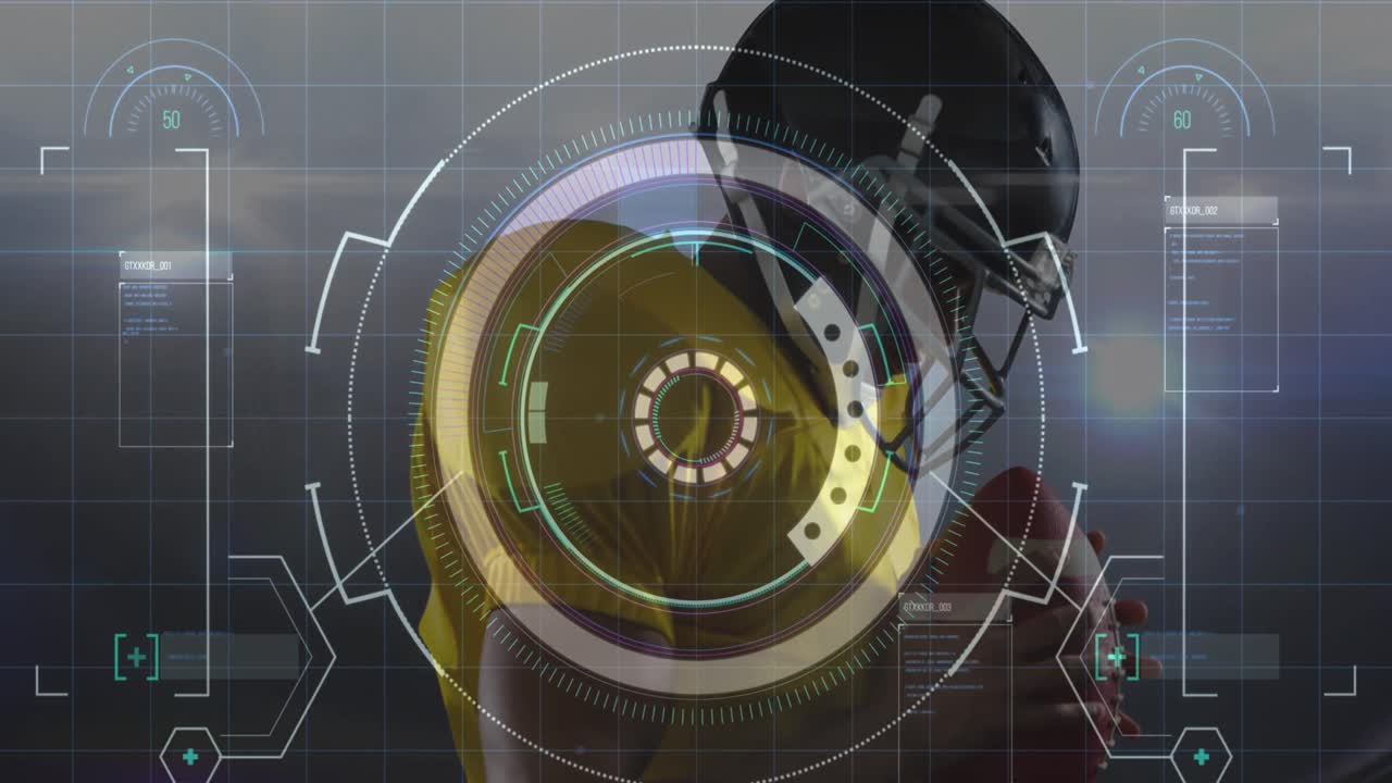 анимация обработки данных с мужчиной, игроком в американский футбол с мячом