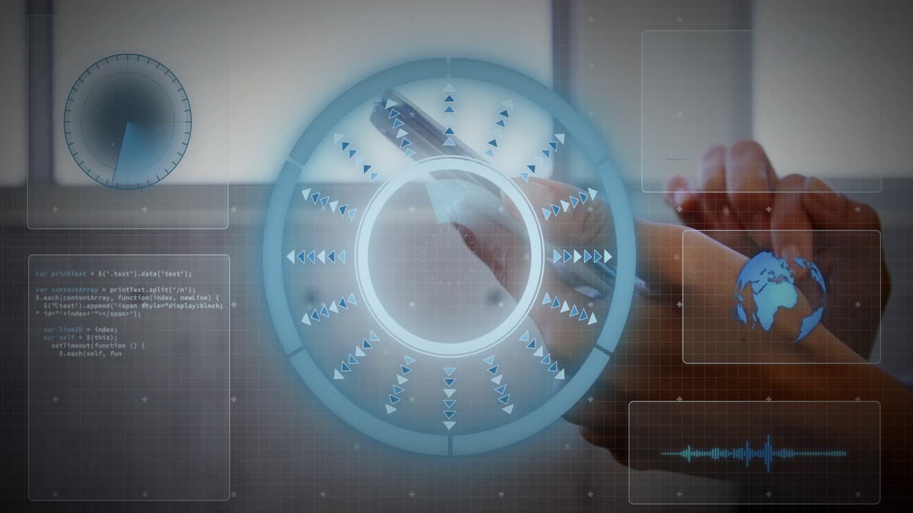 Woman holding phone tapping radial HUD, sparking rotating arrows and data widgets for data analysis