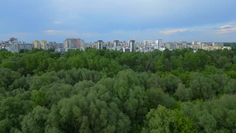 Horizonte-De-La-Ciudad-De-Varsovia,-Edificios-De-Gran-Altura,-Primer-Plano-Del-Bosque-Denso,-Aéreo