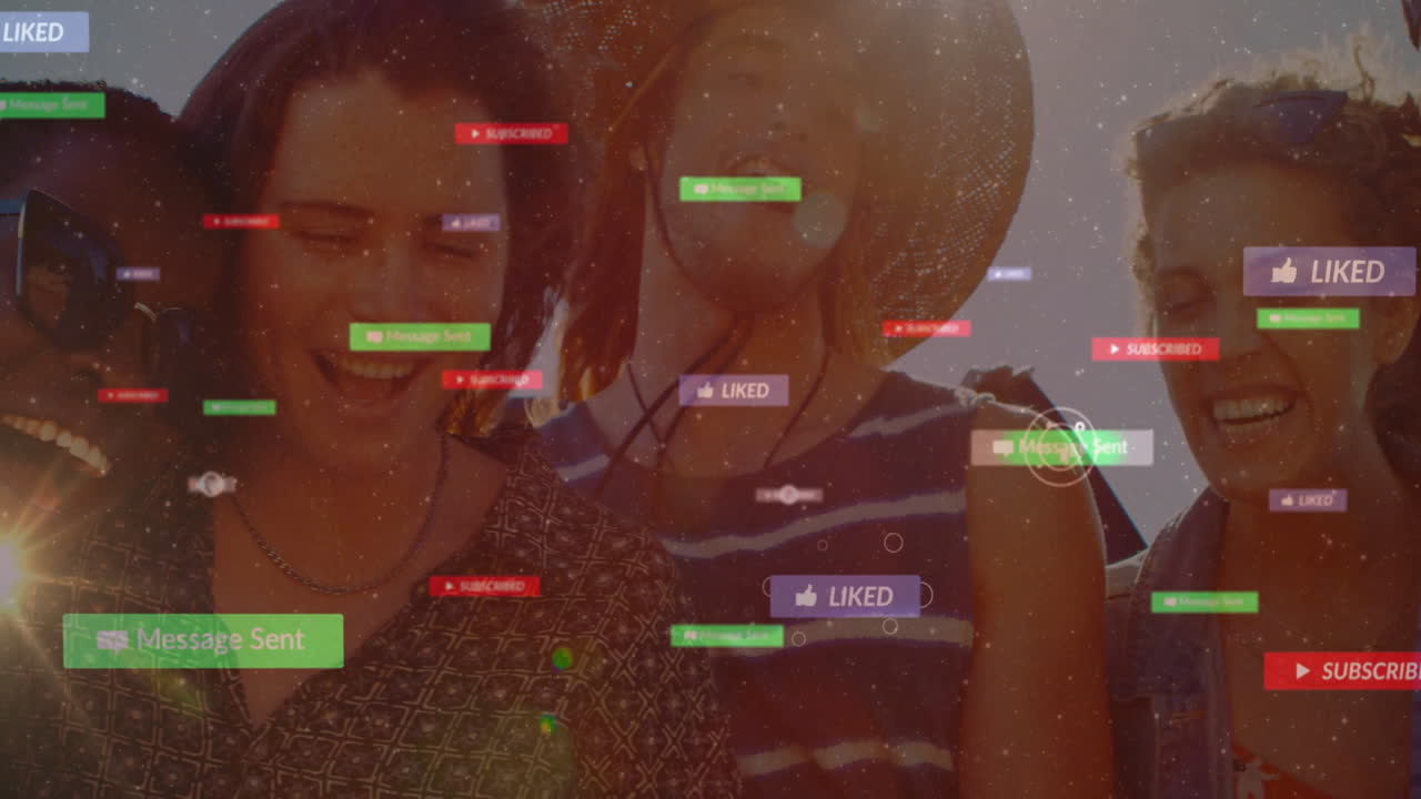 Laughing friends outdoors with animation of social media notifications appearing