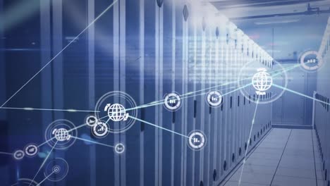 animation of data processing and media icons over server room