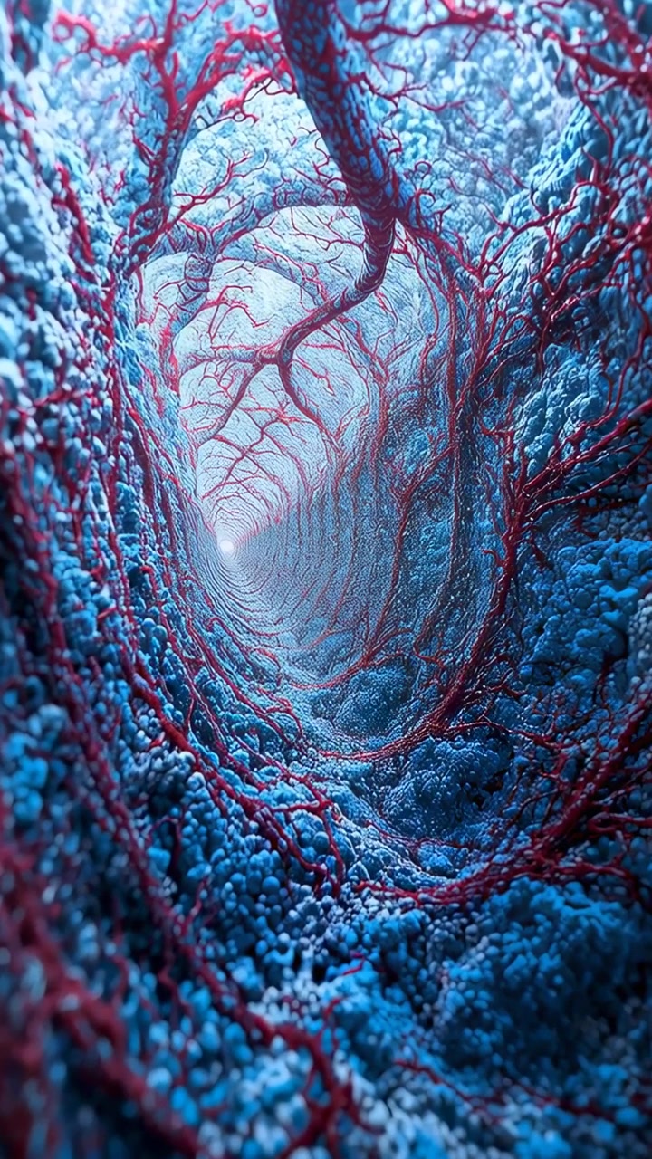 Vertical video: Tracking starting at blue nodular tunnel, camera moving to lumen with red vessels