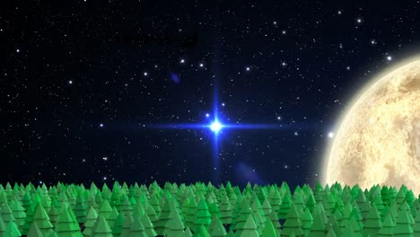 Animation-of-snow-falling-over-winter-scenery-with-stars-and-moon-in-background