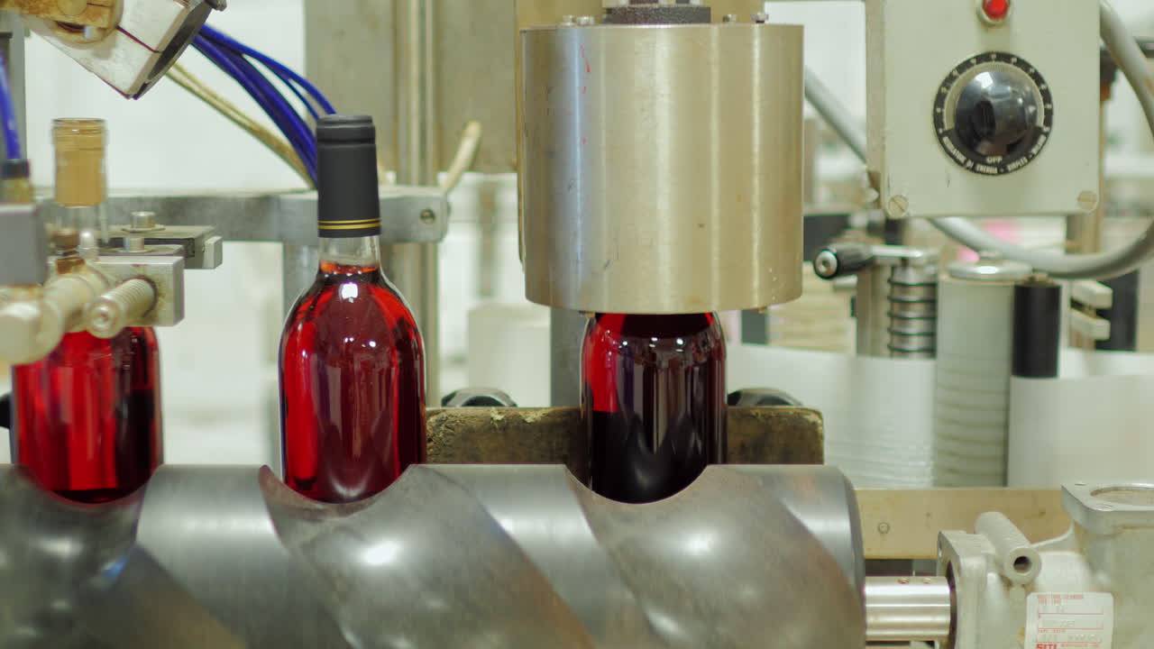 botellas de vino tinto se mueven en una cinta transportadora 5
