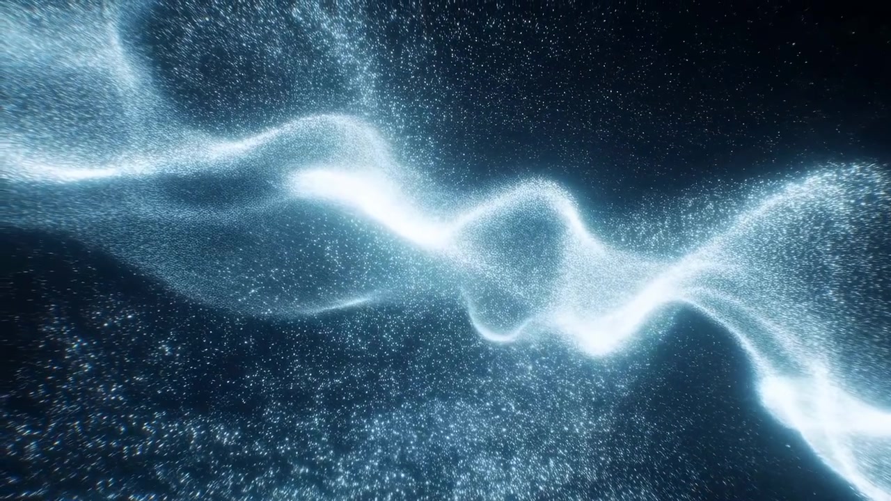 Abstract wave pattern no action static sequence, in dark background with glowing blue waves, with abstract wave patterns, from a neutral frontal perspective perspective, with blue, white accents.