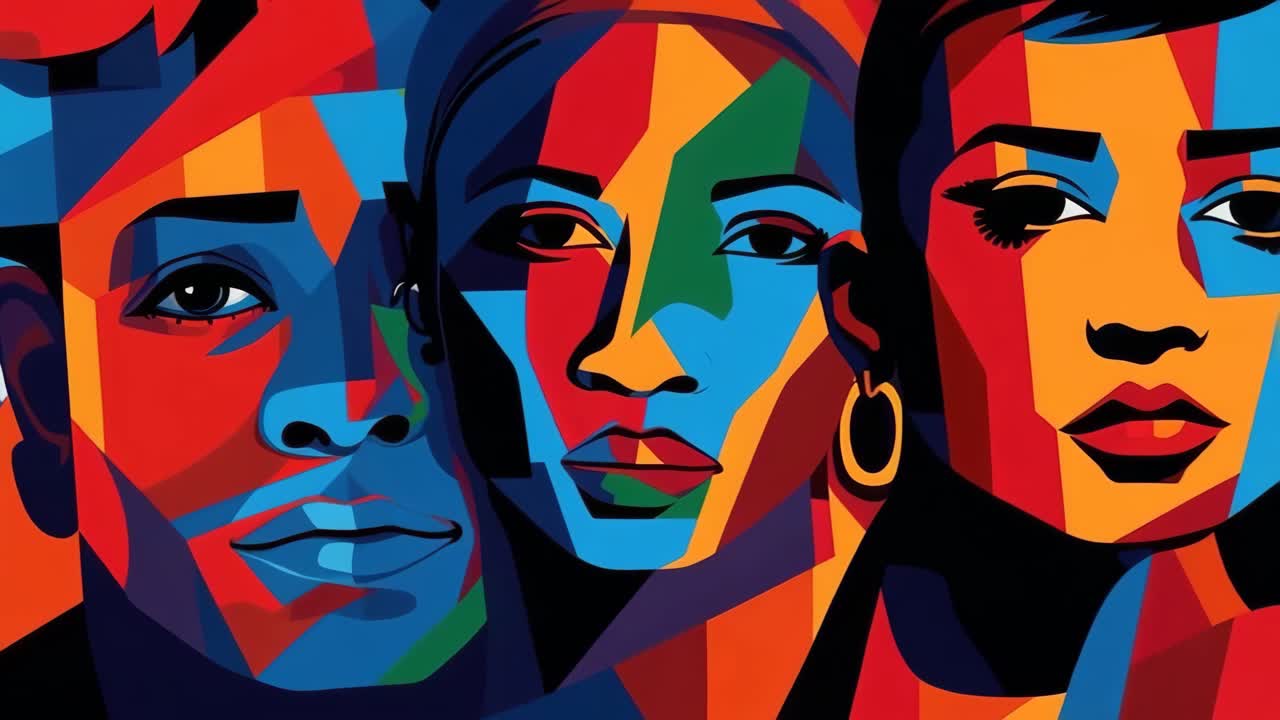 Vibrant, abstract portrait video concept with bold geometric shapes and vivid colors