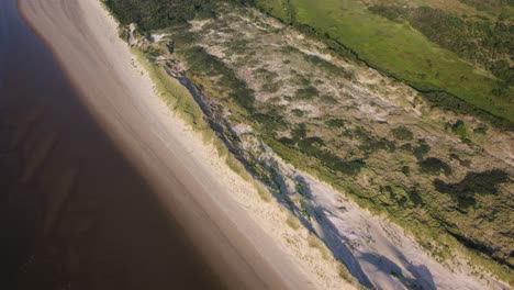 una costa remota con playa de arena y dunas verdes exuberantes, vista aérea