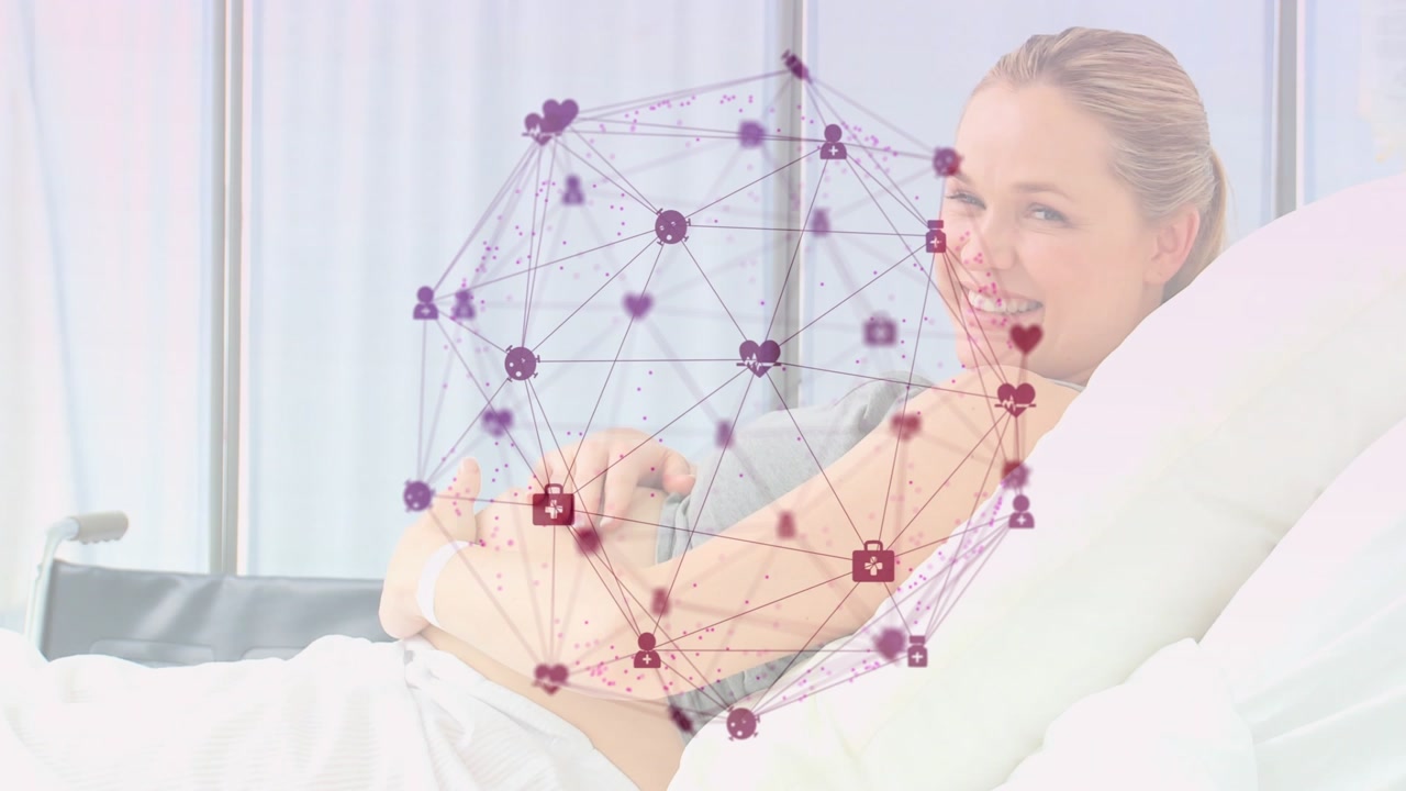 Woman reclining on bed holding abdomen, purple network overlay appearing and mapping medical data