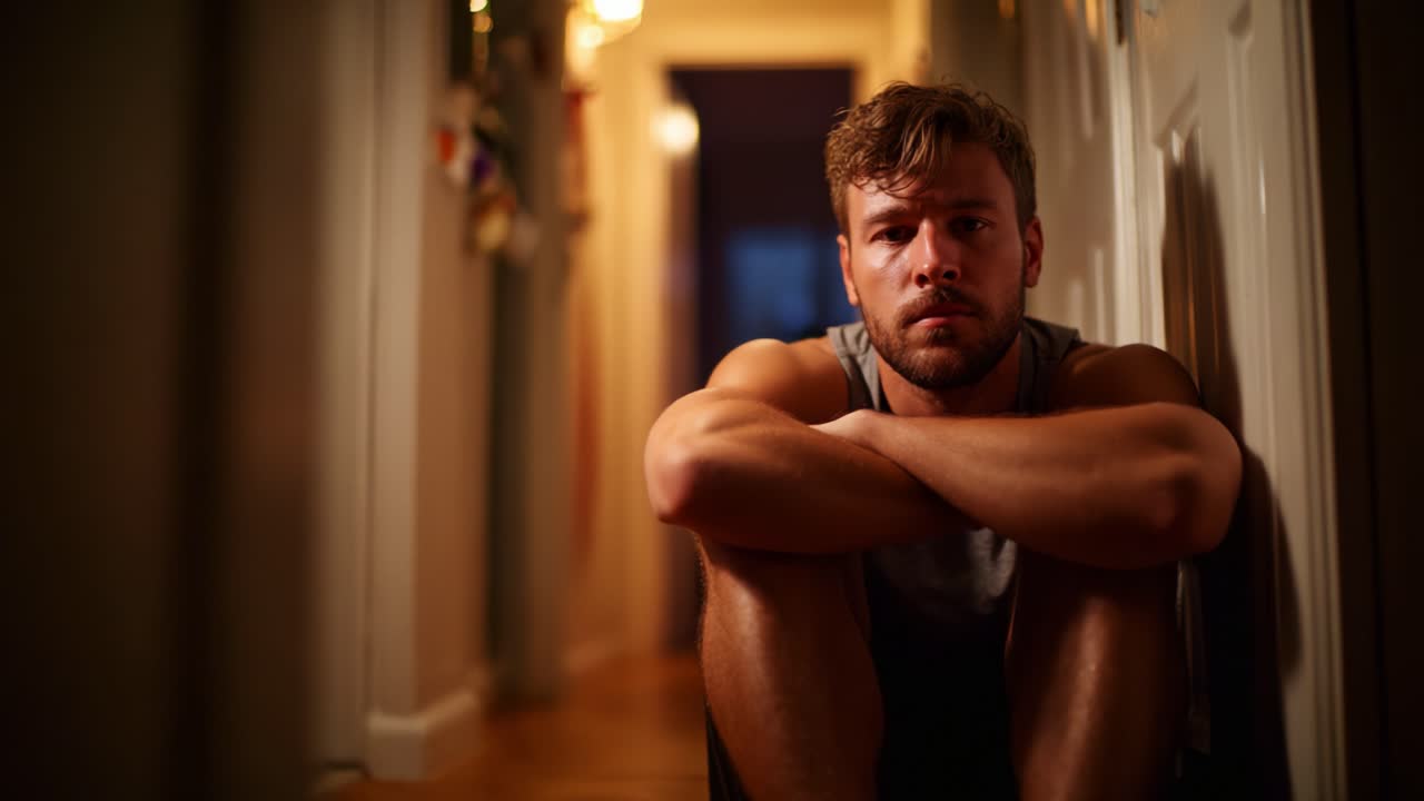 Un momento di riflessione in un corridoio scarsamente illuminato: un individuo seduto sul pavimento contempla la vita, rivelando profondità emotiva e introspezione nell'ambiente