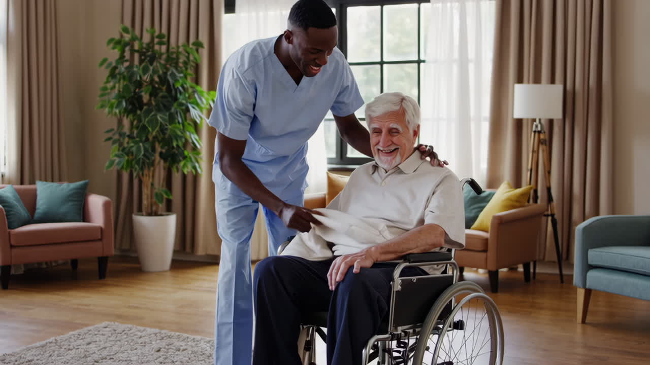 Caregiver assists elderly man in wheelchair with a blanket